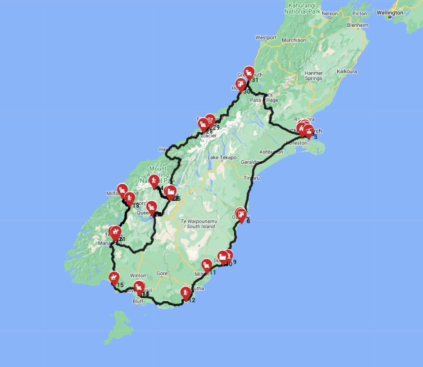 Map for Christchurch Roundtrip  - South of the South island